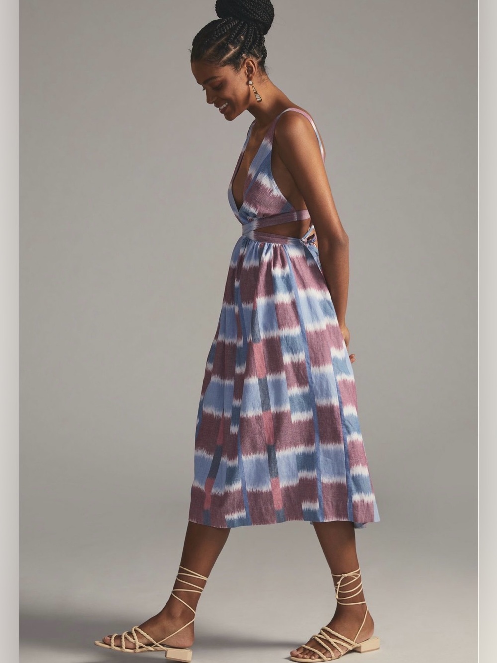 Anthropologie Blue and Mauve Tie-Dye Midi Dress with Side Cutouts